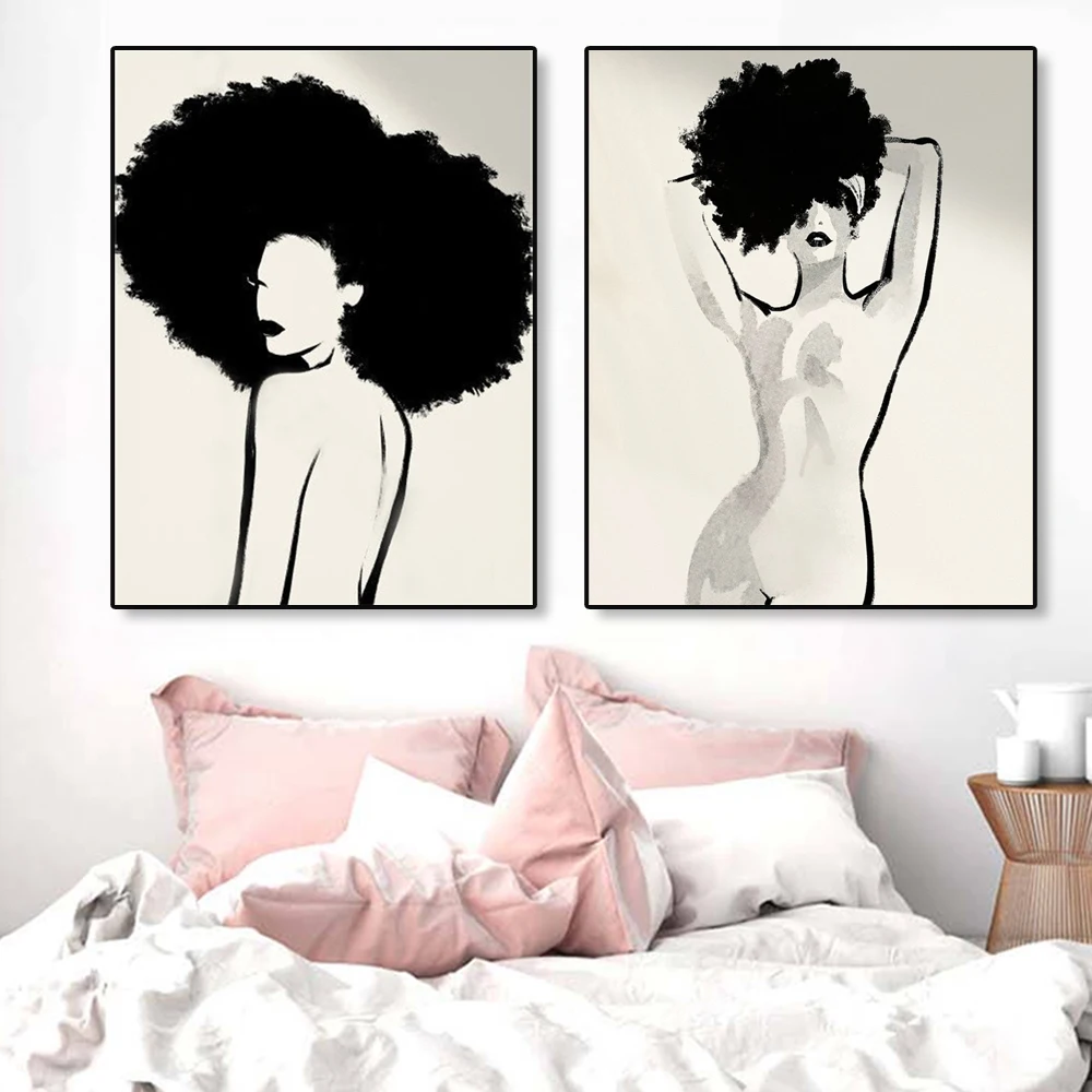 Modern Nude Line Art Poster Black Woman Art Prints Black Line Drawing Pineapple Hair Feminist Canvas Painting Home Decor