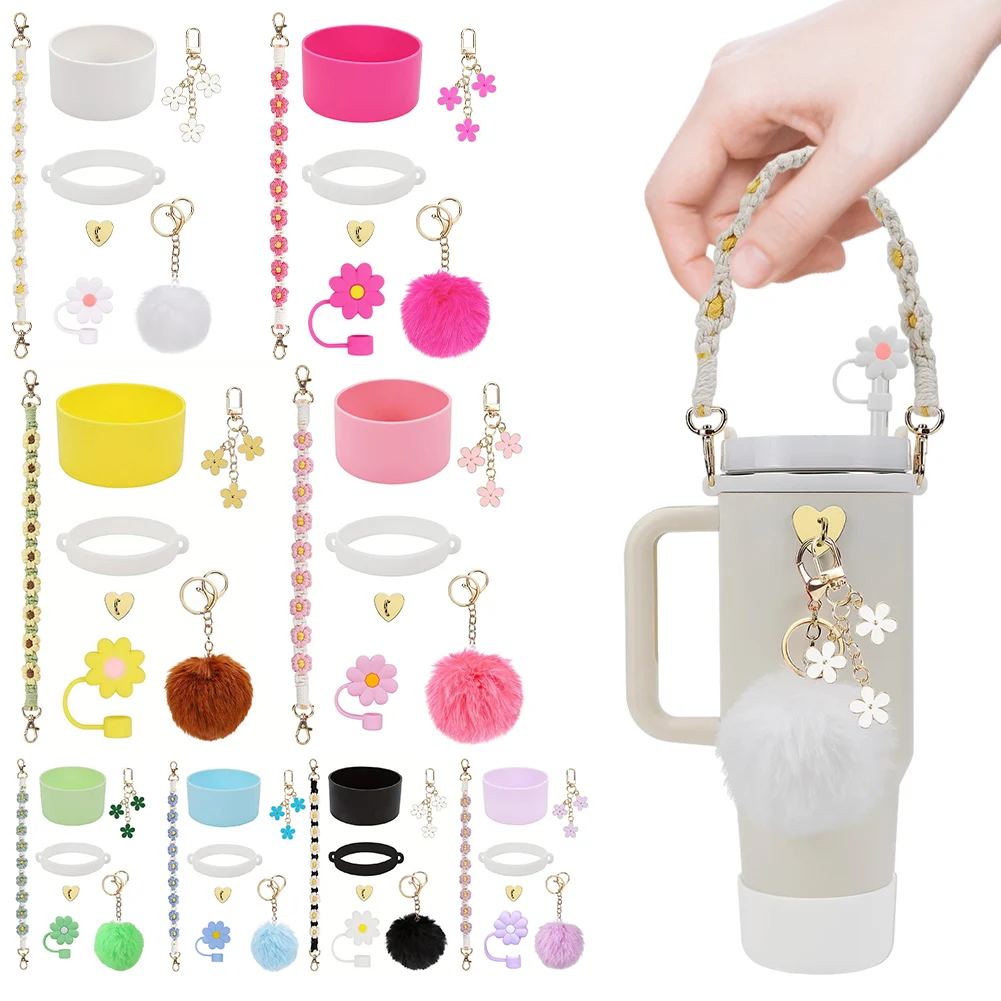 

7Pcs for Stanley Cup Accessories Set Including Water Bottle Handle Strap Siliocne Straw Cover Cute Keychain Charms 3 Pcs Charms