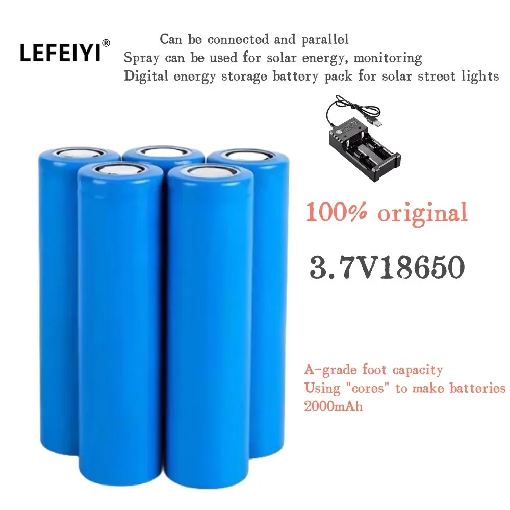 100 % Original-Akku 18650 2000 mAh 3,7 V wiederaufladbarer Akku Solarlicht + Ladegerät