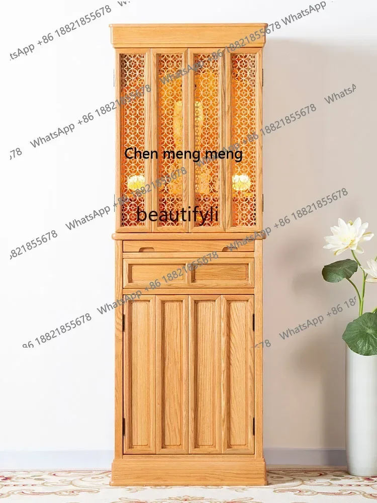 z183  Red Oak Solid Wood Buddha Shrine Altar Modern Household Shrine Clothes Closet with Door Fortune Buddha Cabinet