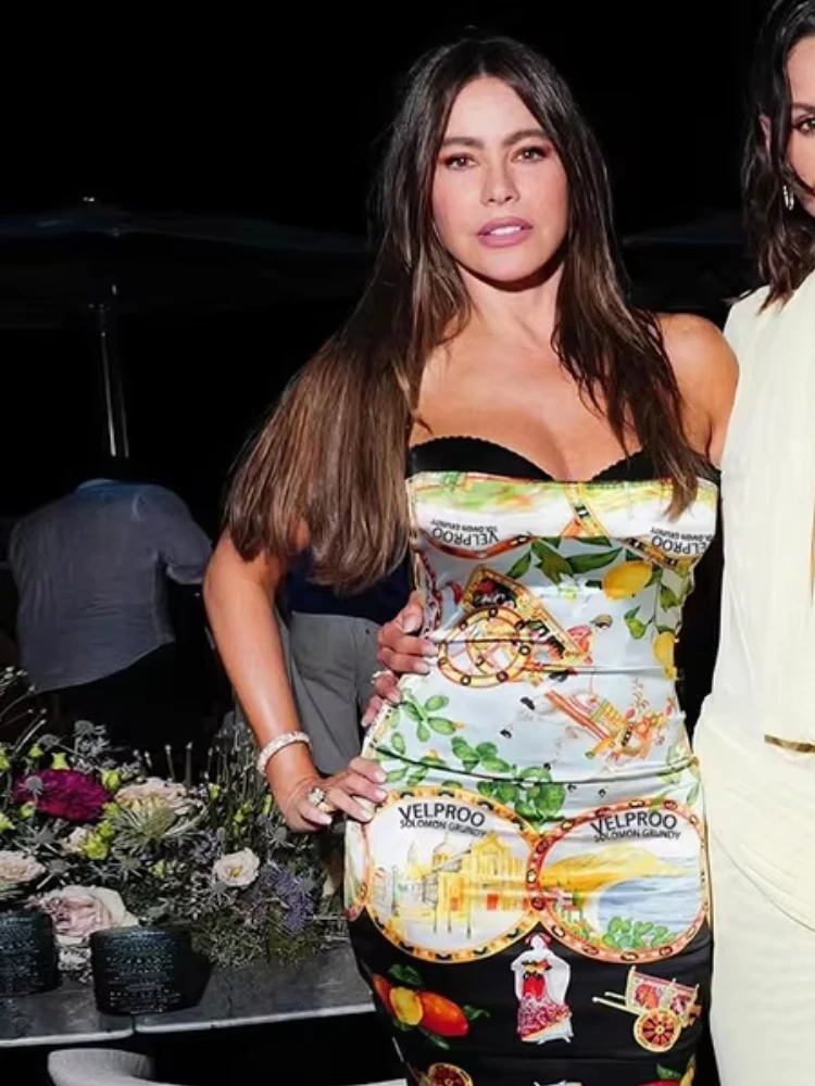 Nibber Chic Patchwork Straps Kleid Frauen Y2K Zitrone Druck Ärmellose Dünne Enge Urlaub Strand Party Elegante Bankett Vestidos