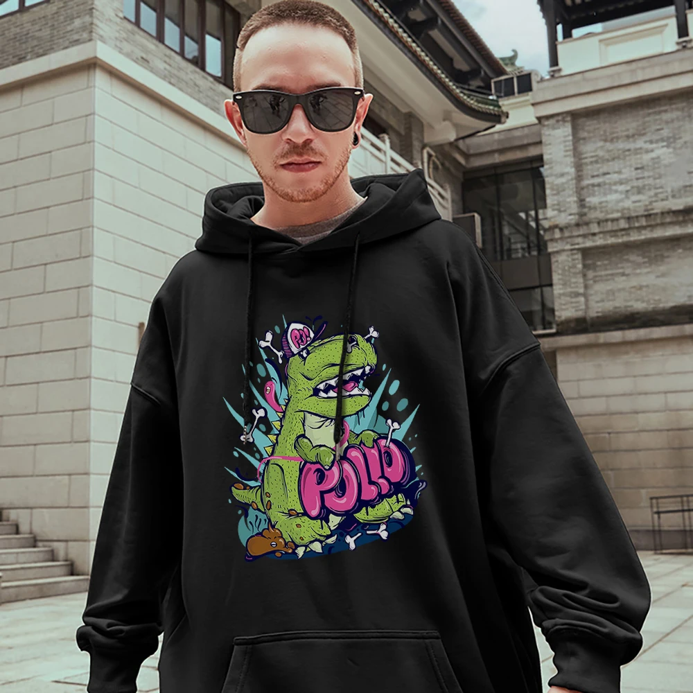 Pollo Hand-Painted Graffiti Dinosaur Men Pullover Hip Hop Personality Streetwear Casual Fashion Cotton Clothing Cute Mans Hooded