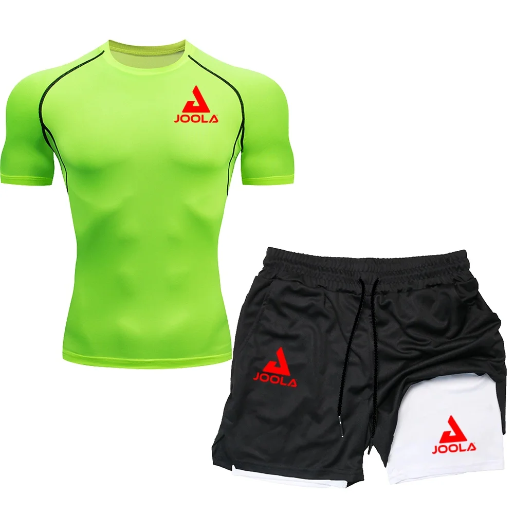 JOOLA Men's Compression Sportswear Set, Breathable Short Sleeve T-shirt + Double Layer Running Shorts, Quick Dry Gym Fitness Tra