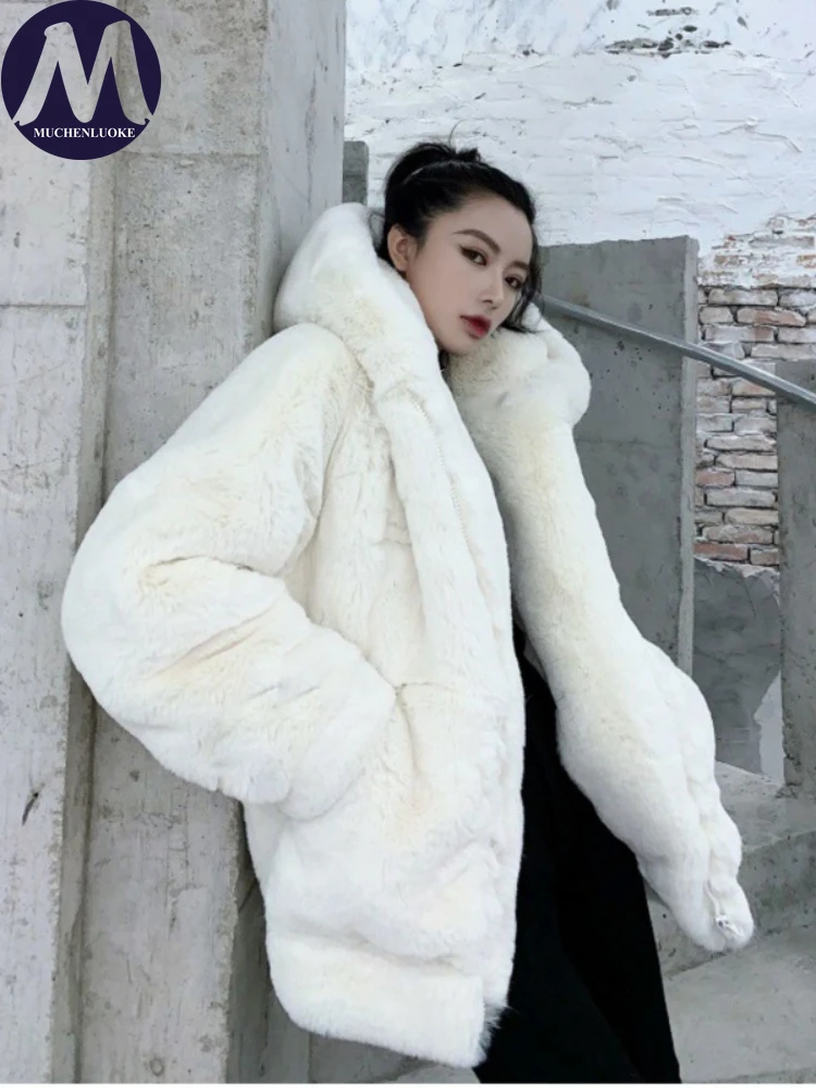 

Women's Coat 2023 Autumn/Winter New Thickening Plush Hooded Coats Korean Fashion Casual Loose Artificial Fur Women's Clothing