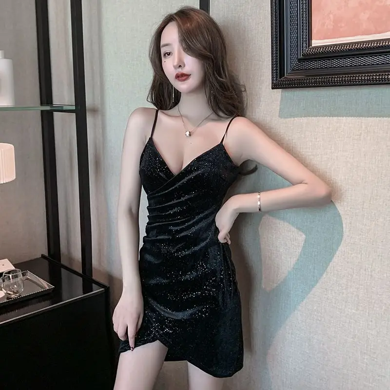 

Sexy Pleated Slim A-line Mini Dress Summer New Sleeveless Solid Color Deep V Neck Slip Dress Fashion Trend Women Clothing