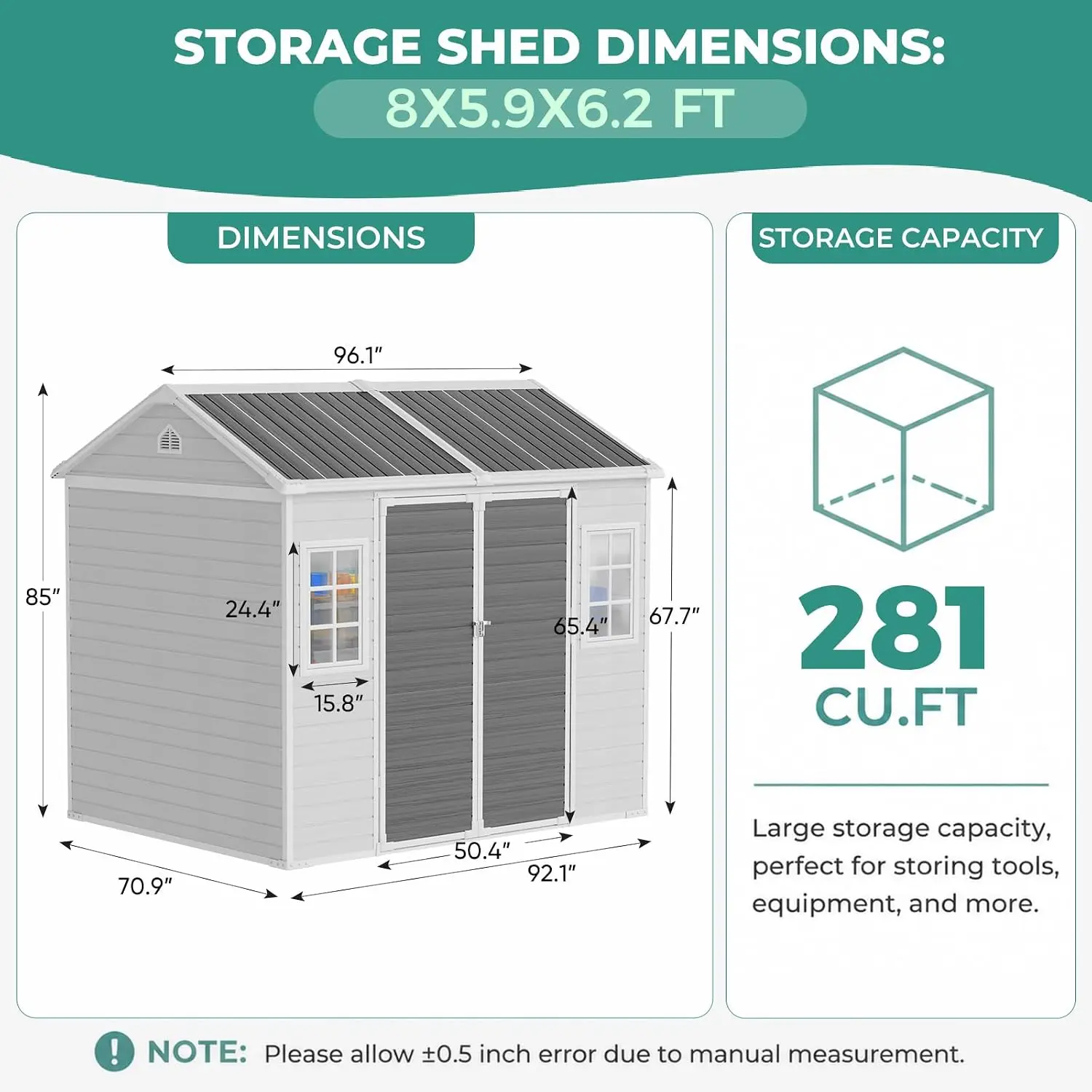 8x6 FT Resin Storage Shed with Floor 14MM Thick Panel Outdoor Garden Tool House, Customized - view 3