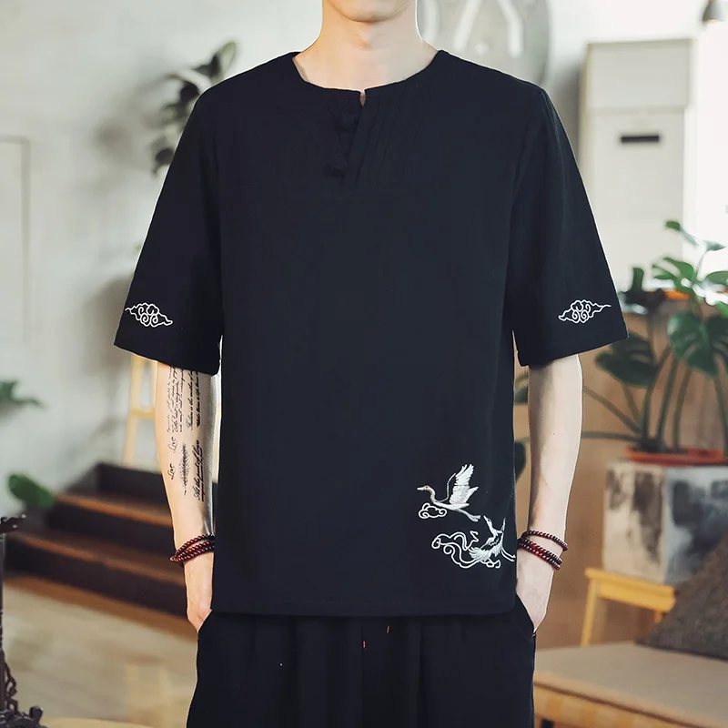 2022 Summer Chinese Style Retro Embroidery Cotton Linen T-Shirt Men Plus Size Loose Tang Suit Short Sleeves Harajuku Top Male