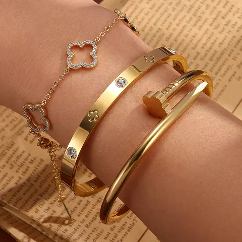3pcs Set Stainless Steel Four-Leaf Clover Nails Stacked Bracelet 18K Gold Couple Jewelry Holiday Gift