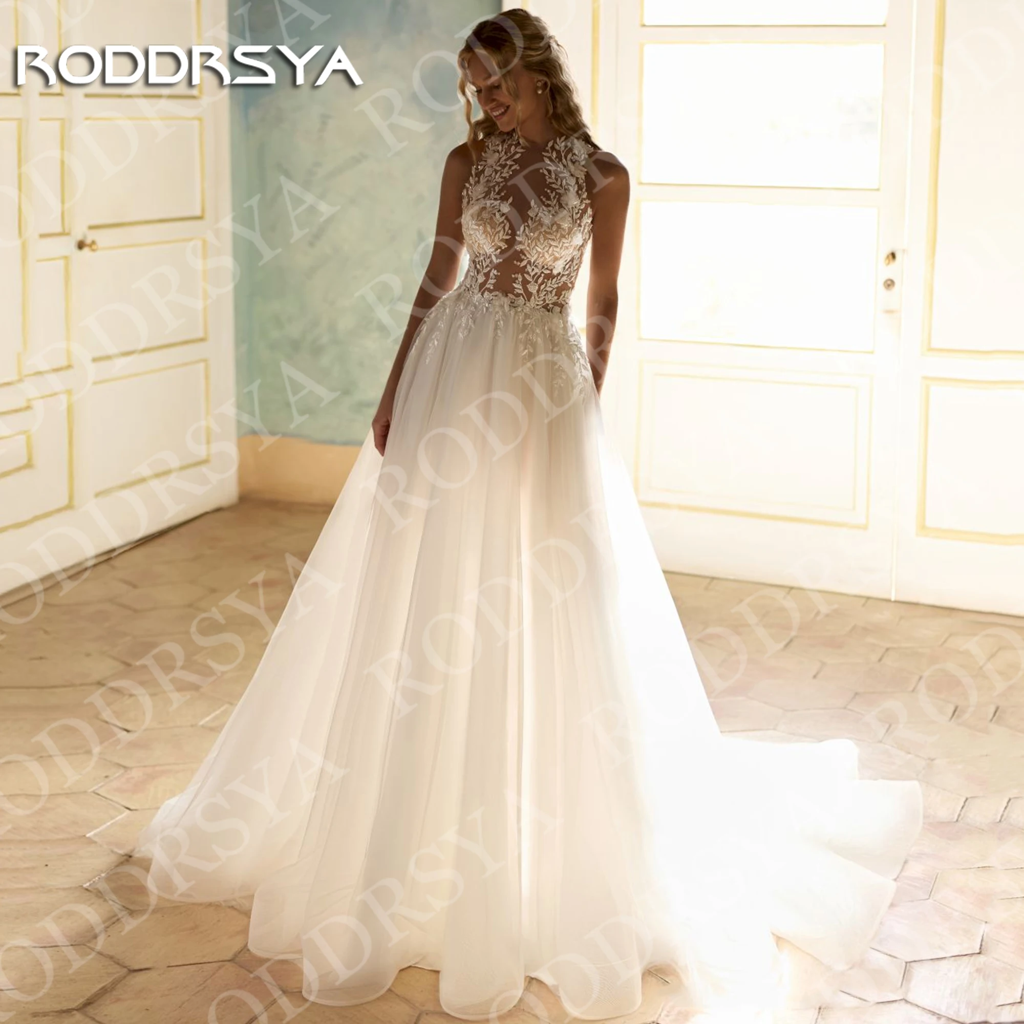 

RODDRSYA Backless A Line Wedding Dress Illusion O-Neck Lace Tulle Applique Sleeveless Bridal Dresses Customized robe mariage