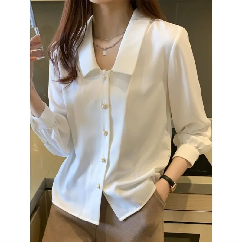 Spring New Button Patchwork Blouse Long Sleeve Polo Neck Solid Color Loose All-match Shirt Tops Fashion Office Women Clothing