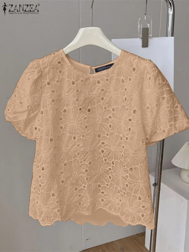 

ZANZEA Women Lace Embroidery Blusas Mujer Short Puff Sleeve O Neck Hollow Out Transparent Tops 2024 Summer Casual Elegant Blouse