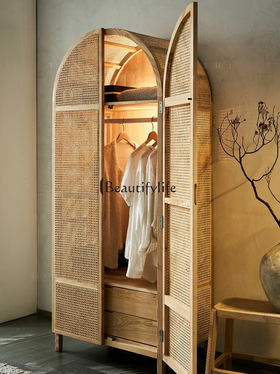 

Nordic Solid Wood Rattan Wardrobe Storage Cabinet Vintage B & B Arch Dome Vertical Hinged Door Storage
