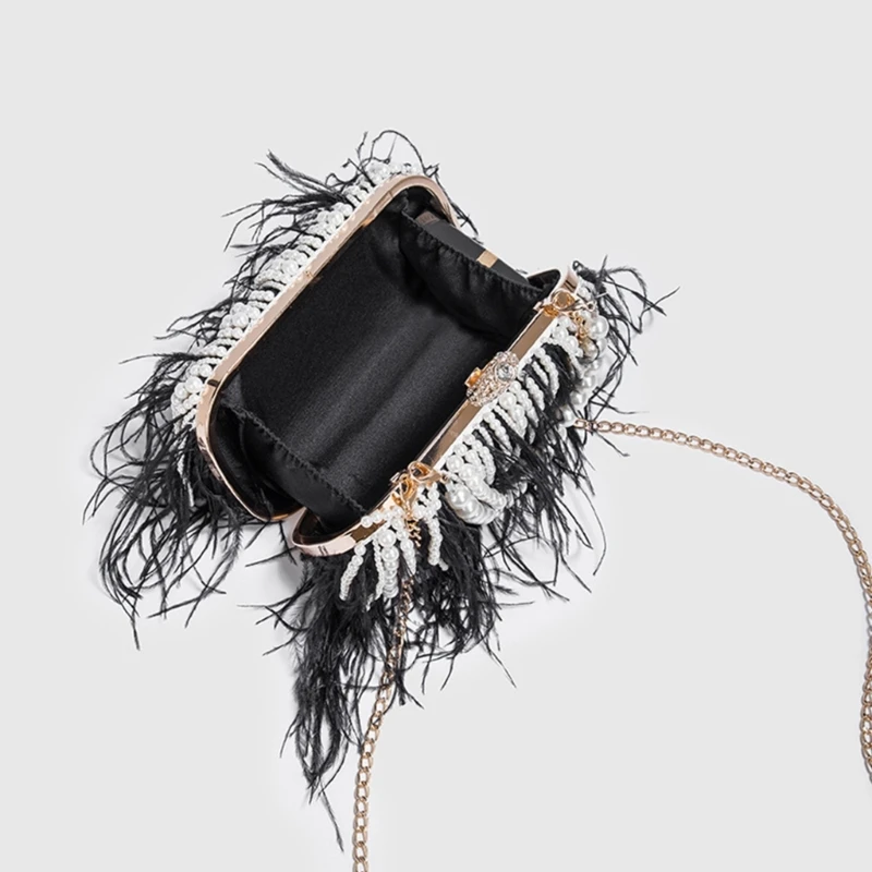 Luxury Moon Handbag Pearl Clutch Bag Women Wedding Purse Feather Shoulder Bag Elegant Lady Evening Bag with Chain