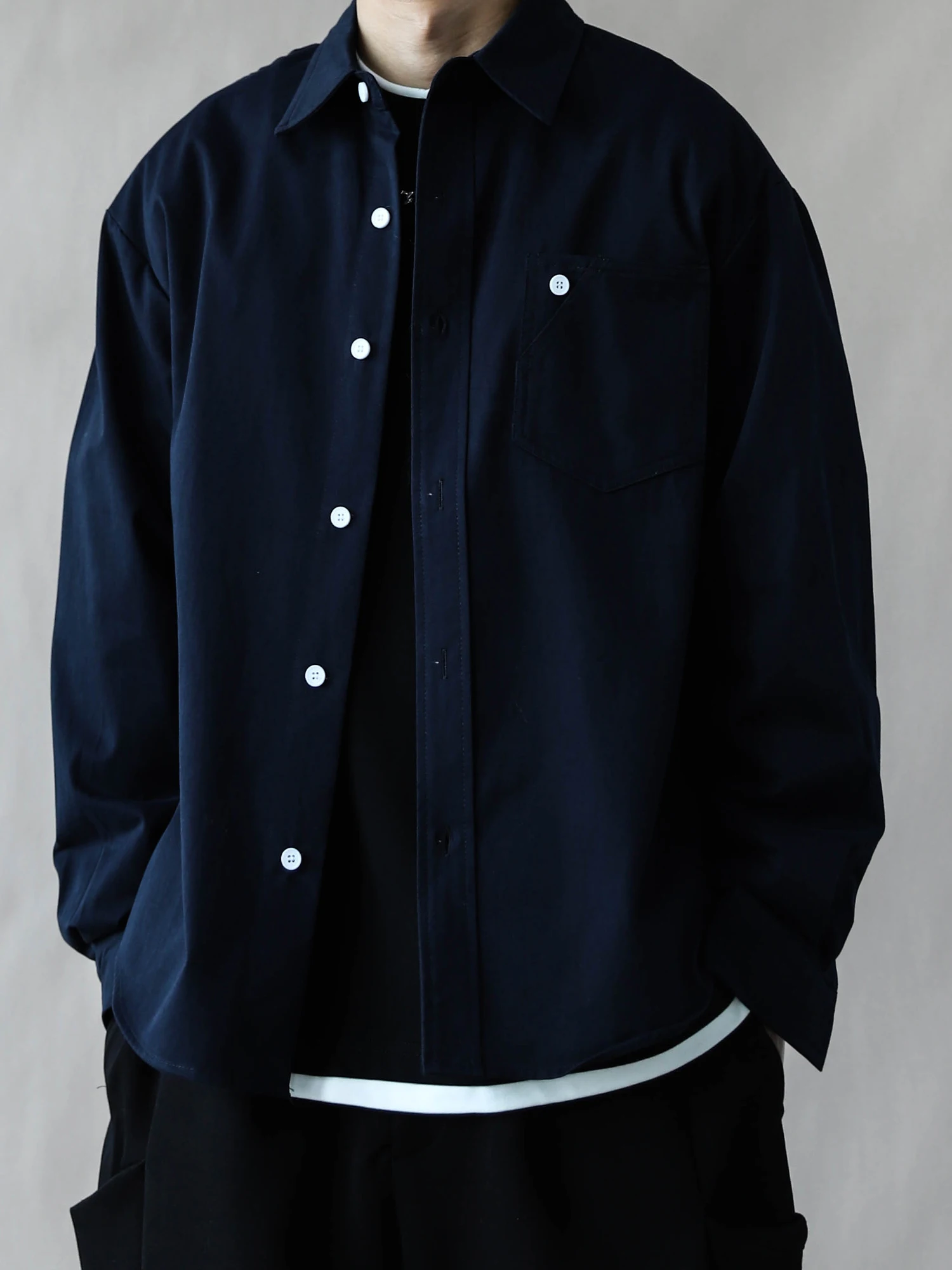 

American Retro Long Sve Casual irt Men Loose Fit Collared Workwear Sle k Blue Pure Color Spring Autumn Polyester Co...