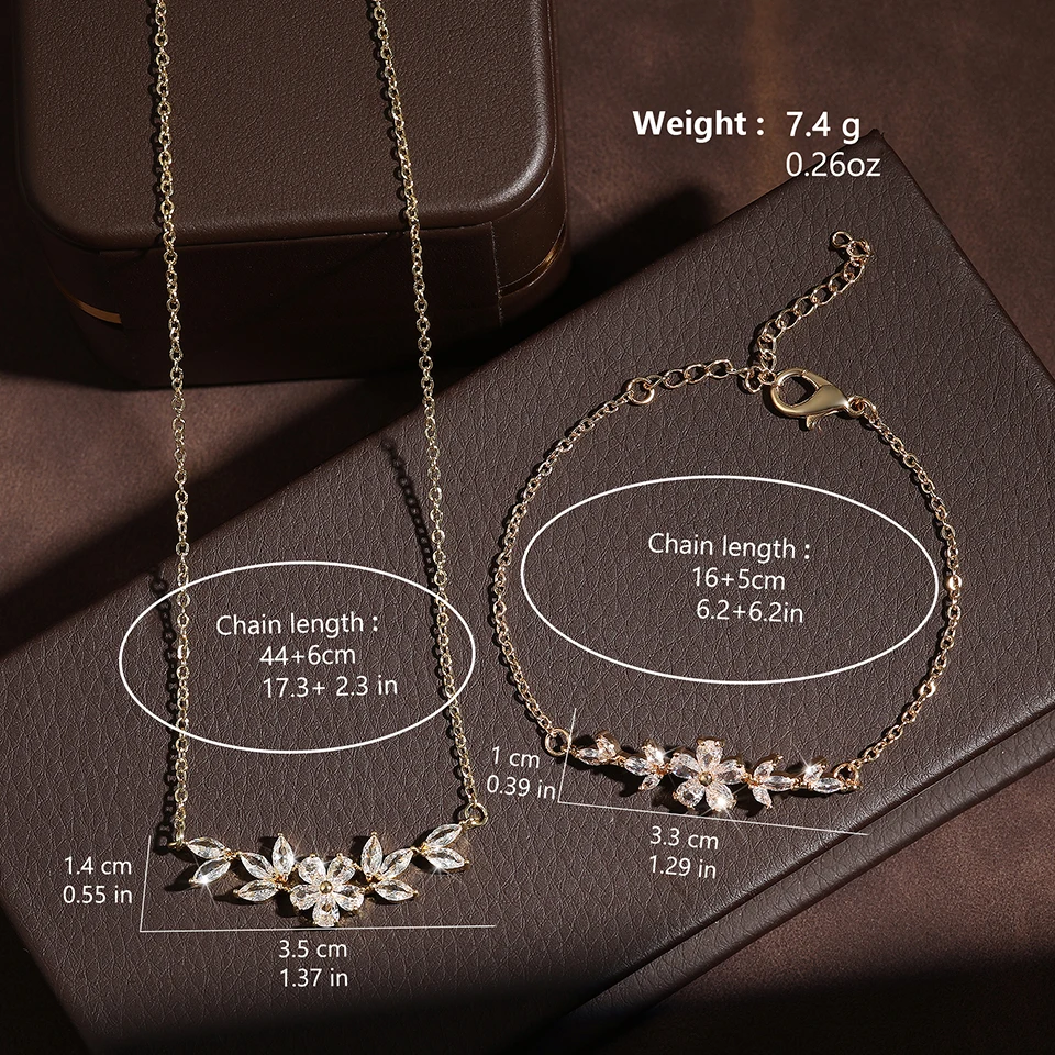 Women's Cubic Zirconia Flower Necklace Bracelet Charm Set