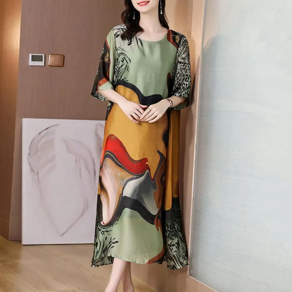 여성용 O넥 루즈 캐주얼 빈티지 프린트 실크 미디 드레스 로브, 용수철 여름 무도회 원피스, 우아한 파티 드레스, 2024
