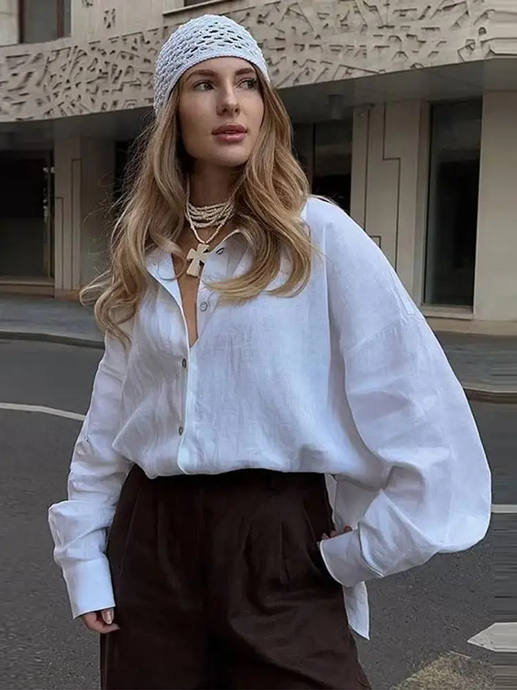 Chemise ample en coton et lin pour femmes, chemisier élégant rose surdimensionné, haut à revers à manches longues, mode printemps été