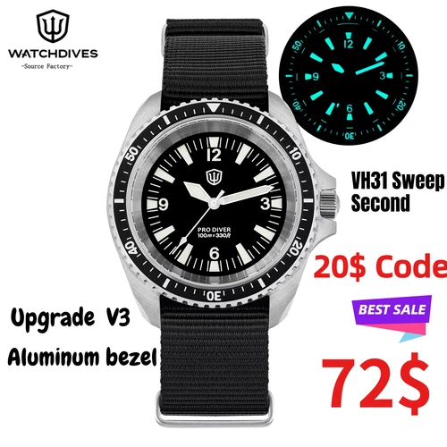 Watchdives WD1980 V3 reloj de lujo VH31 barrido segundos movimiento de cuarzo revestimiento AR cristal de zafiro 10Bar relojes impermeables para hombres
