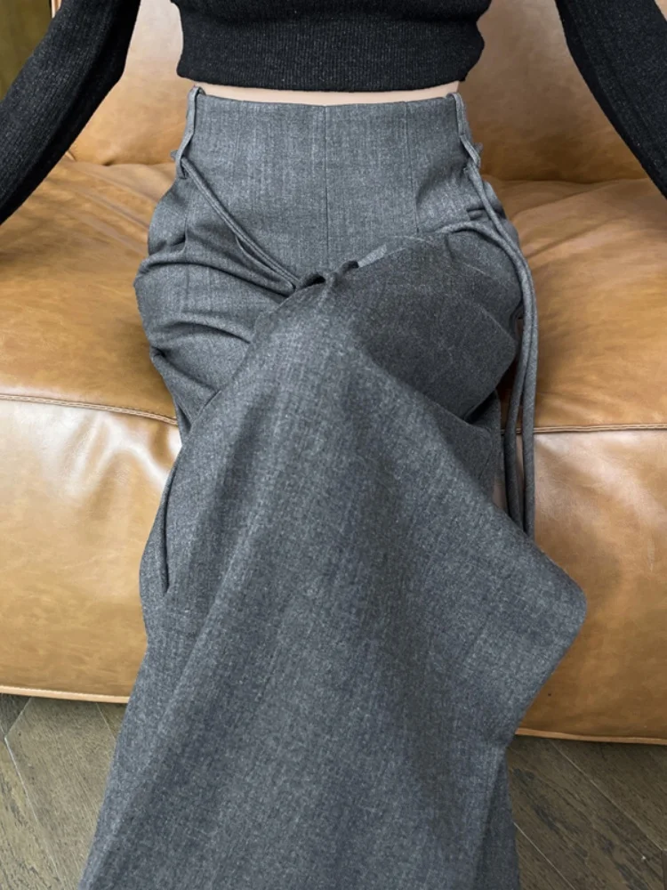 Gray High Waist Draped Loose Straight Leg Trousers Women's Autumn Winter New Style Wide Leg Pants Korean Style Commute Wind