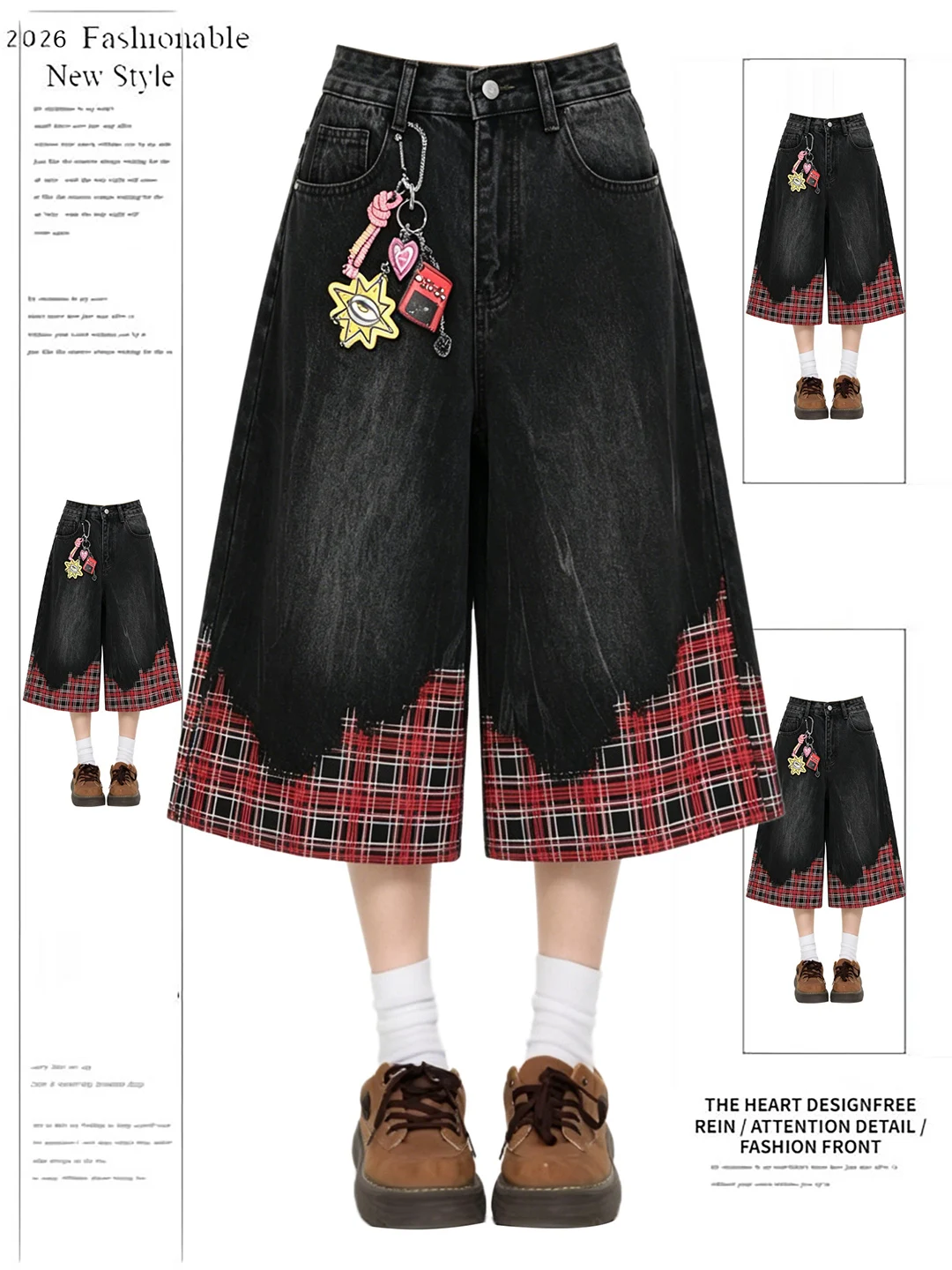 

American Plaid Design Color Collision Fake Two-Piece Seven-Piece Pants Women's Summer High Street Paint Print Jeans Shorts