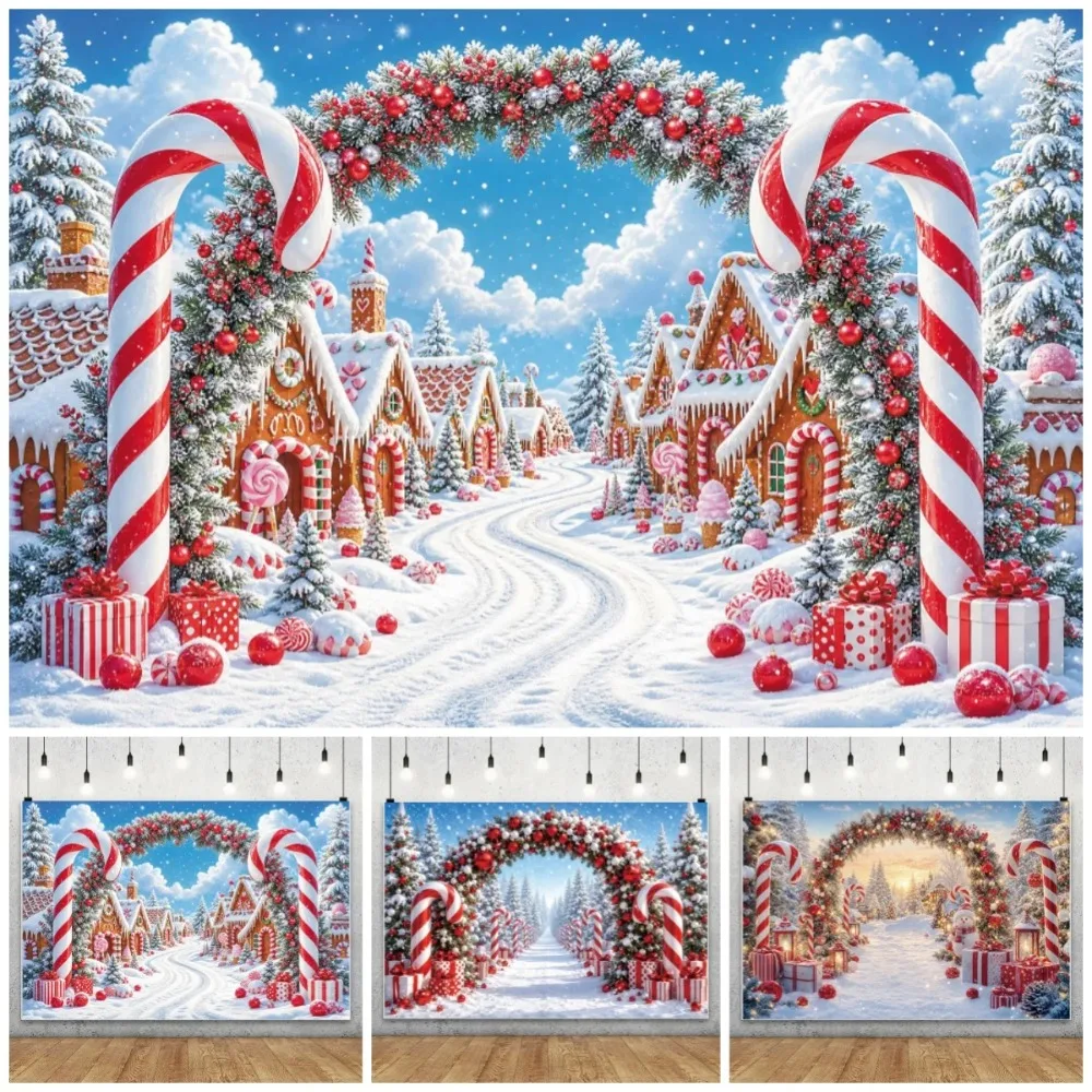 Winter Christmas Candy Cane Gingerbread House Snow Themed Banner Backdrop, Christmas Party, Home Decoration Photography Backdrop
