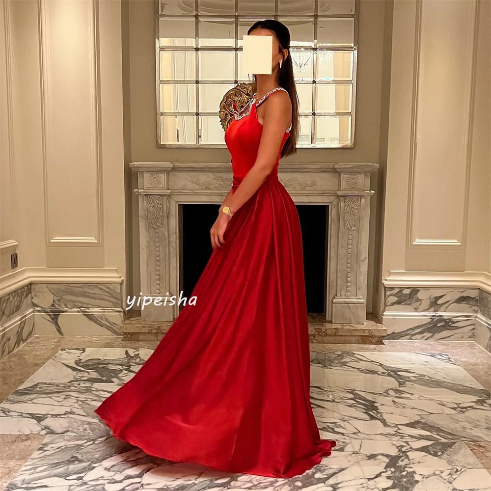 Satin Sequined Beading Ruched Valentine's Day A-line Square Neck Bespoke Occasion Gown Long Dresses