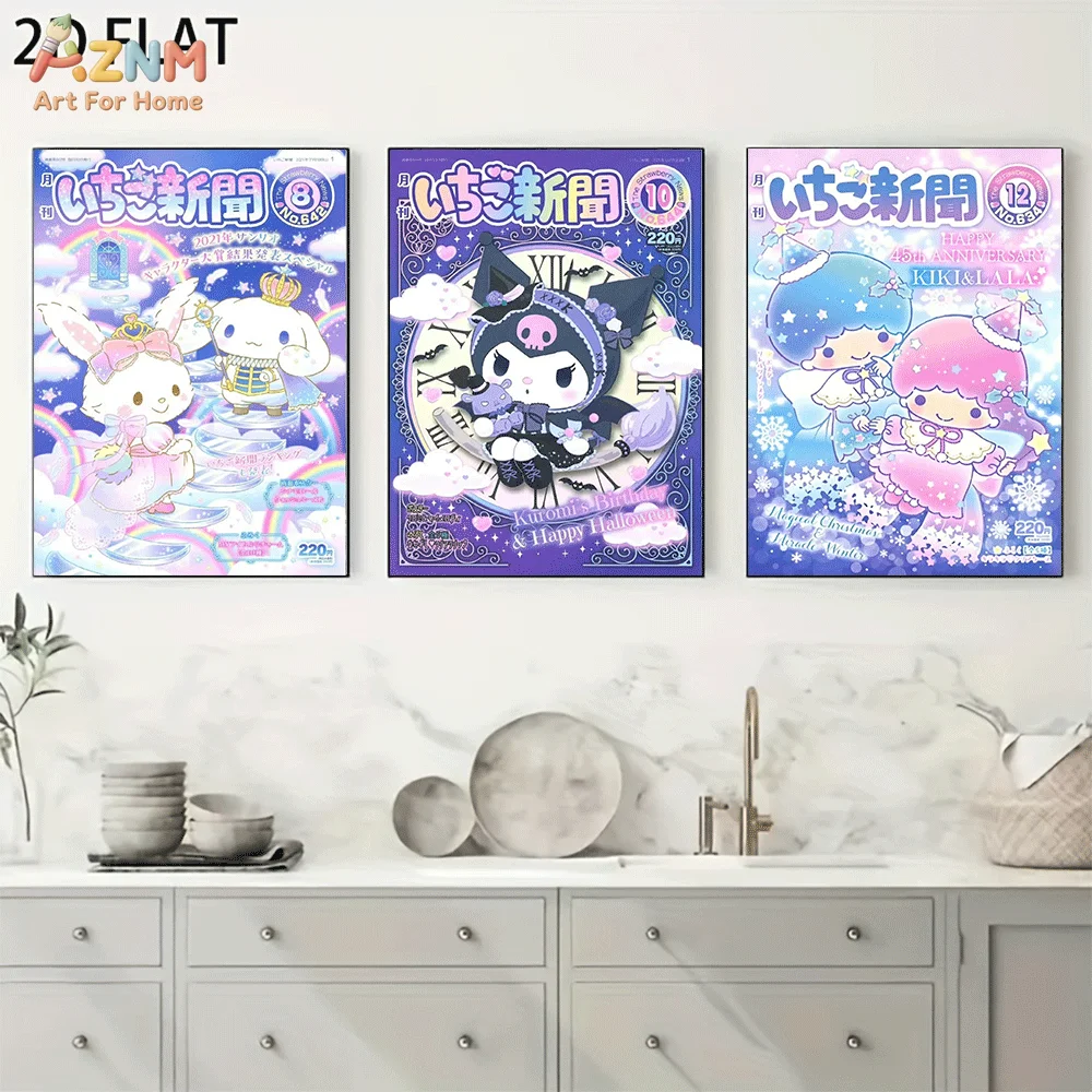 AZNM Kuromi Cinnamoroll Little Twin Stars Frameless Canvas Wall Art, Strawberry News Fantasy Holiday Cartoon Poster, Purple Blue