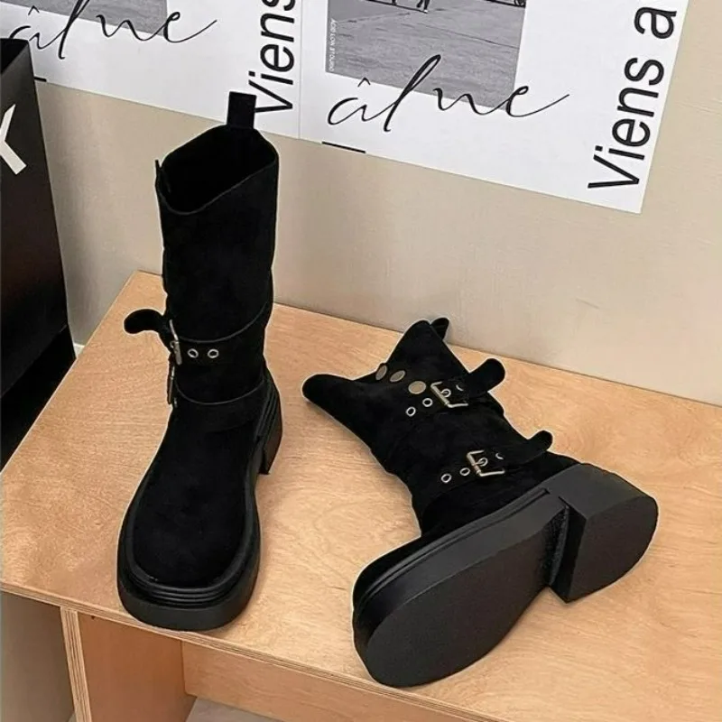 Women's Platform Boots 2026 Autumn New Style Fashion Two-piece Lapel Mid Leg Boots Retro Versatile Thick Soled Motorcycle Boots