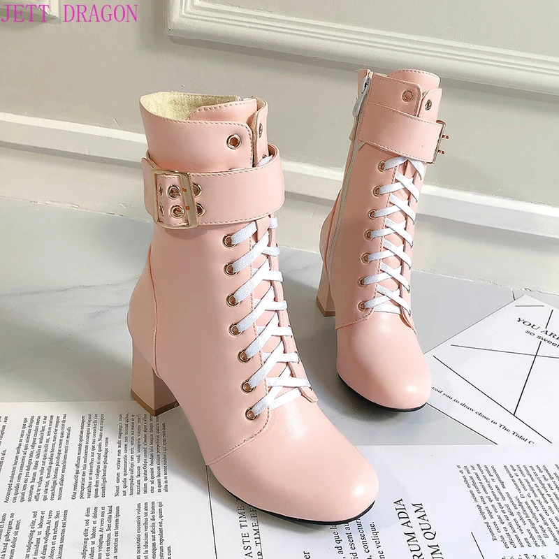 2024 Autumn Women Boots Square High Heel Ankle Boots Fashion Round Head Buckle Winter Zipper Boots Female Shoes Black White Pink