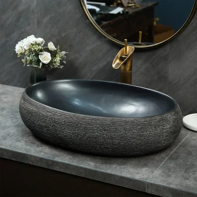 

Modern Art Bathroom Sink Ceramic Countertop Basin Creative Retro Bathroom Washbasin Balcony Kitchen Wash basin Single Basin A