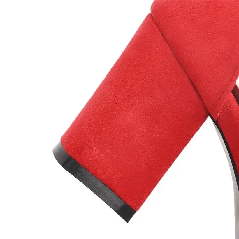 Big Size Casual Women Sandals Black Flock 7cm High Square Heels Peep Toe Summer Cross Buckle Strap Party Office Red Lady Sandals