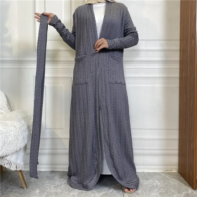 

Autumn Winter Muslim Dress Knitted Abaya Dubai Long Sleeves Pocket Cardigan Sweater Robes Abayas for Women Femme Caftan Vestidos