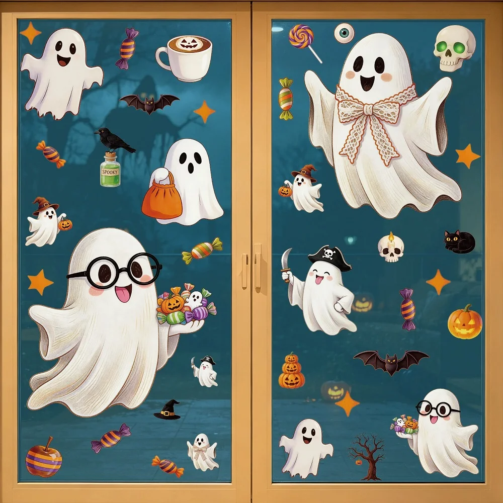 Halloween Decals Cute Ghost Pumpkin Static Cling Stickers Halloween Decoraiton Window Stickers for Home Shopping Mall Showcase