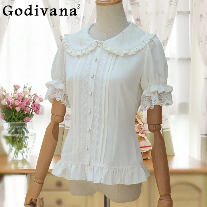 

Japanese Lolita Doll Collar Doll Feel Cute Shirt for Women Sweet Elegant Lace Stitching Short Sleeve Blouses Vintage Top Spring