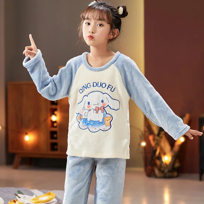 Sanrio Flannel Childrens Pajamas Set Hello Kitty Cinnamoroll Winter Thicken Winter Sleepwear Kid Pants Girl Christmas Loungewear