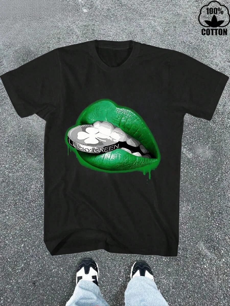 Witllent Men's 100% Cotton Lucky Green Design Printed Lips Coin Vintage T-Shirt, Men's Christmas 220g Heavy Cotton T-Shirt(1 PC)