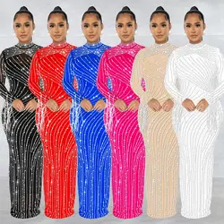 Women Dress Autumn Sexy Sheer Mesh Long Sleeve Rhinestone Party Club Dress Fringe Evening Wedding Prom Dresses With Bodysuit