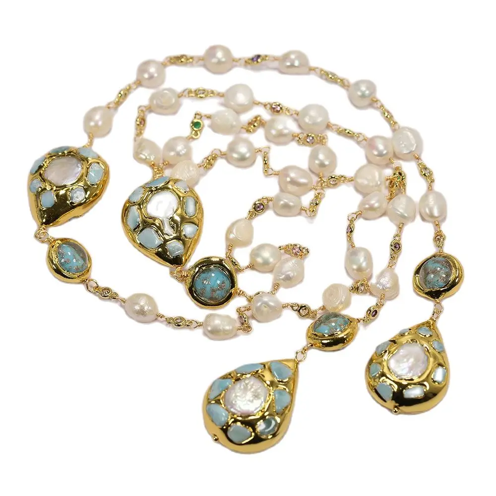 G-G Cultured White Rice Pearl Larimar Blue Murano Glass Long Rosary Chain Necklace