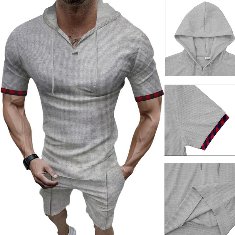 

Мужская вафельная футболка с капюшоном и шортами | Летняя спортивная одежда из двух предметов | Повседневная одежда для отдыха