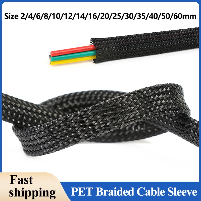 Black PET Braided Cable Sleeve 2/4/6/8/10/12/14/16/20/30 - 60mm Expandable High Density Insulated Cables Protection Wrap Sheath