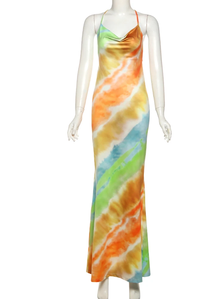 Nibber Swing COLLAR แฟชั่นสีสัน Maxi ชุดผู้หญิงโซ่โลหะ Backless วันหยุดแนวโน้ม Beach PARTY สไตล์ Elegant Vestidos