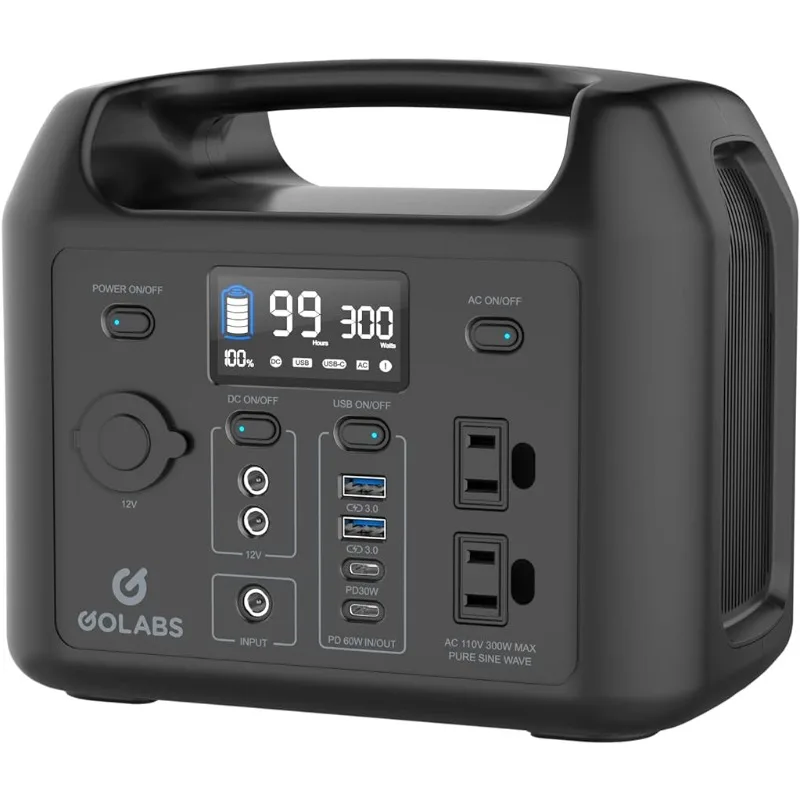 

GOLABS R300 Portable Power Station, 299Wh LiFePO4 Battery Backup with 300W Pure Sine Wave AC Peak 500W, Generators