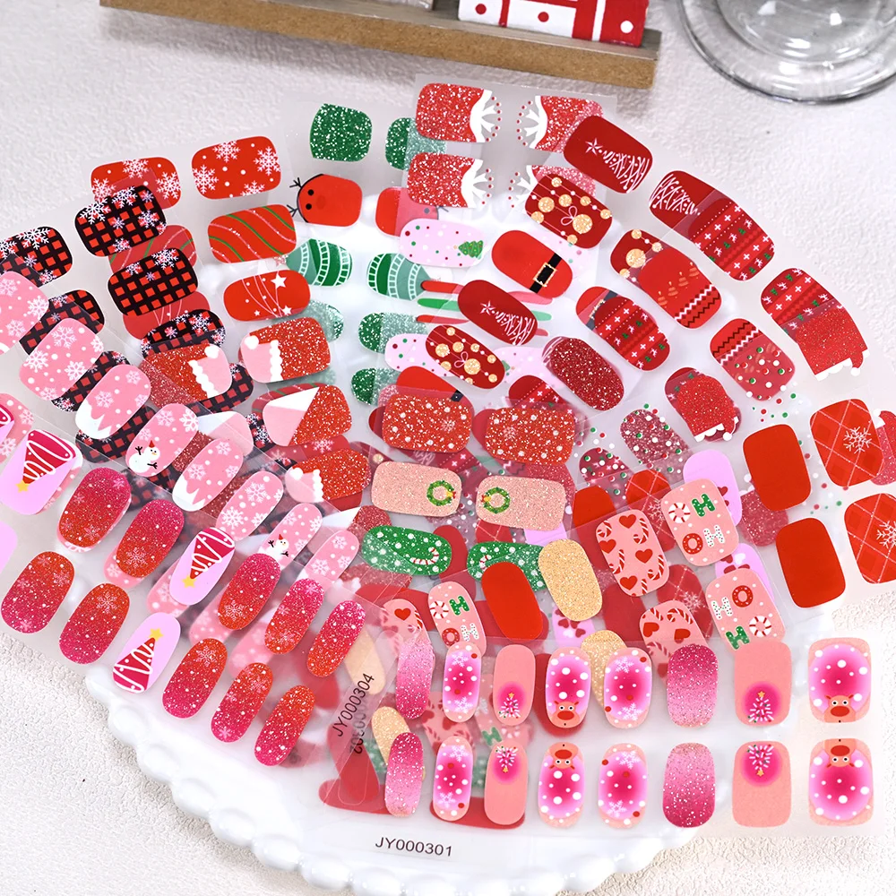 16Tips Baking-Free Christmas Nail Stickers Cute Glitter Snowflakes Elk Snowman Gel Nail Wrap Self-adhesive Full Xmas Nail Decals