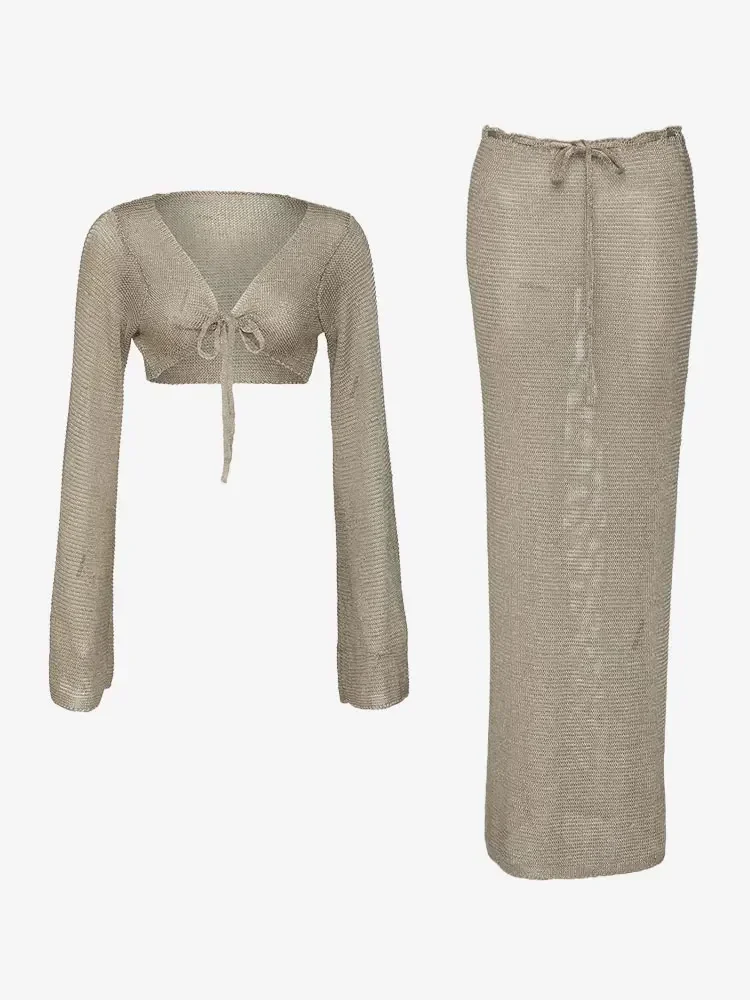 Sexy Metallic Gold Tank Top Long Skirt Knit 2 Piece Wrap Hip Long Skirt Knit 2 Piece Set Vacation Club Party Girl Clothing K128 image 5