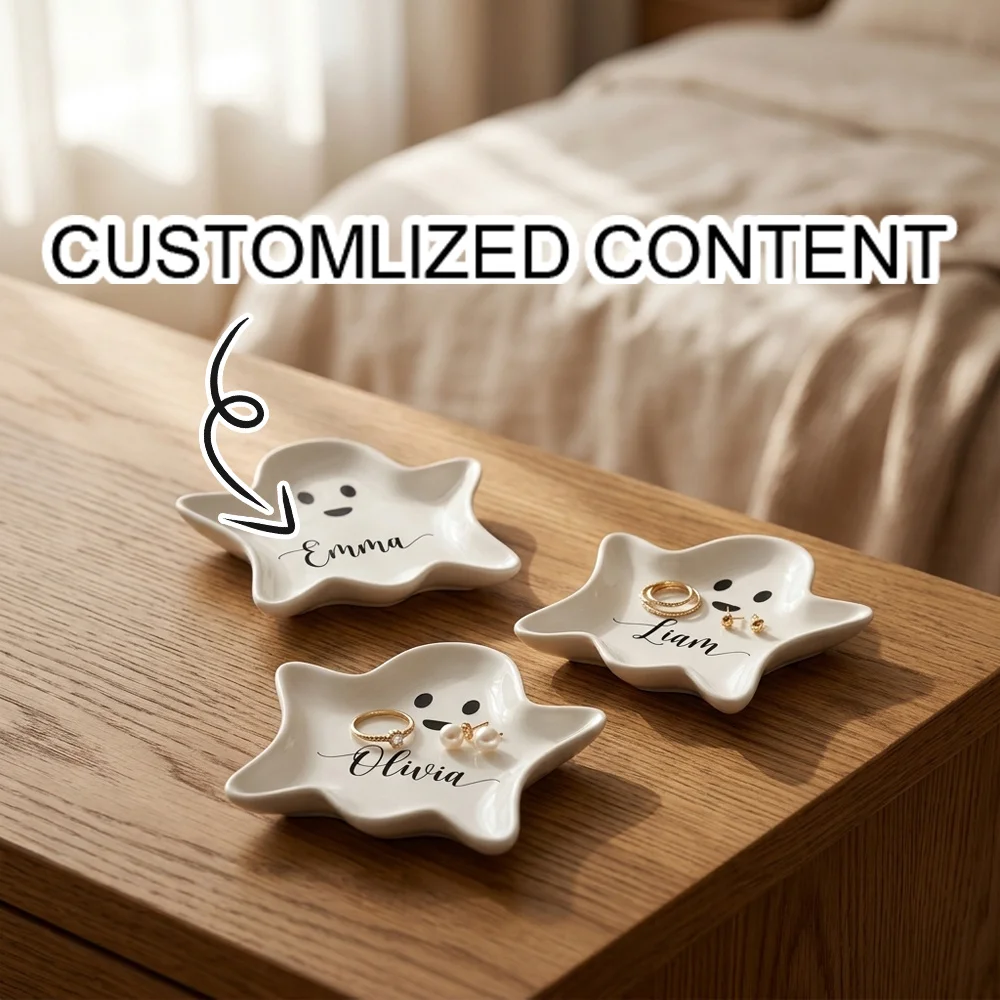 Custom Name Ghost‑Shaped Ceramic Ring Dish, Personalized Jewelry Trinket Tray,Sentimental Halloween Gift for Women Girl Friends.