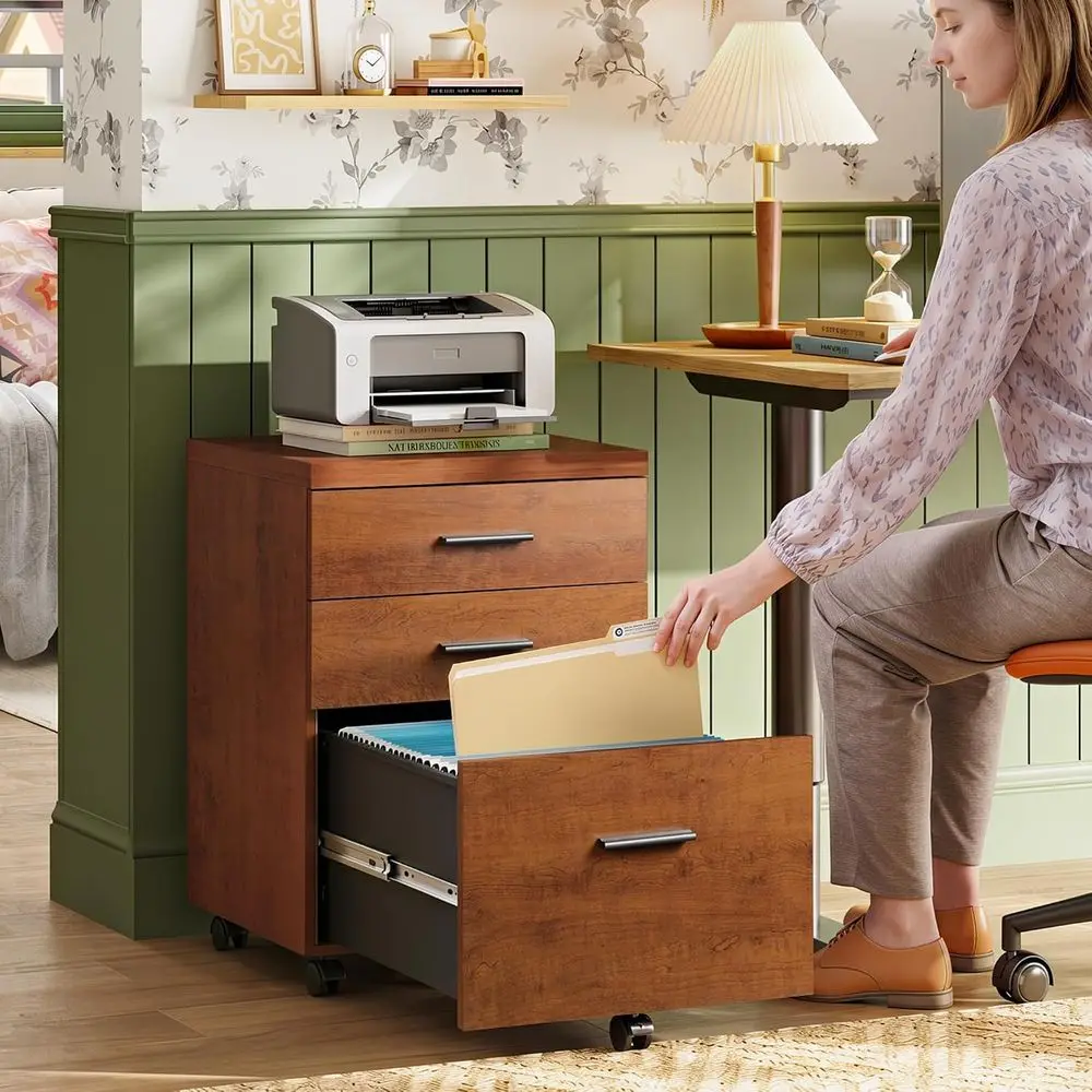 Under Desk Filing Cabinet, Mobile Printer Stand, Walnut Finish