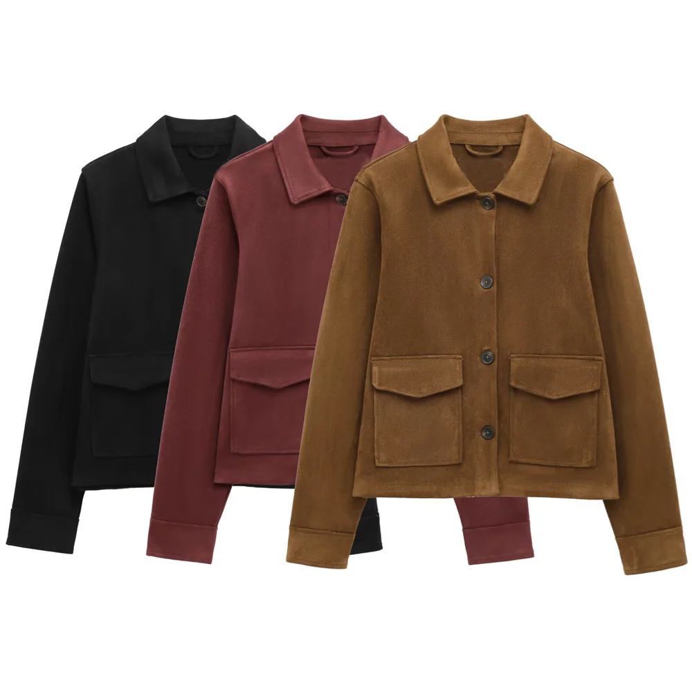 

Women's Suede Texture Effect Coat with Collar and Buckle Pocket Decoration Spring/Summer New Women's Top