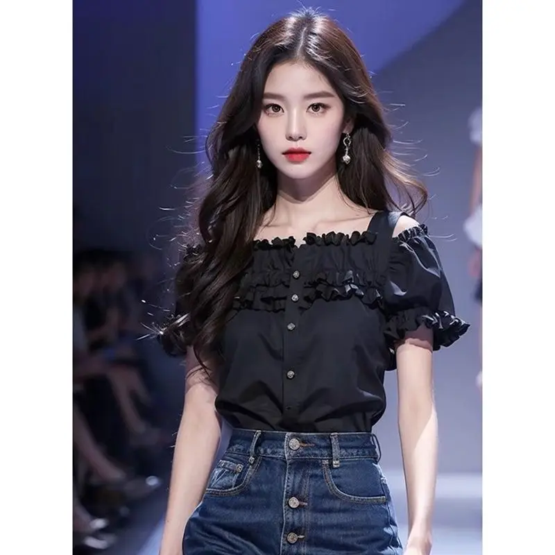 Chemise tendance coréenne d'été 2025, Cardigan noir à manches courtes et col carré pour femmes