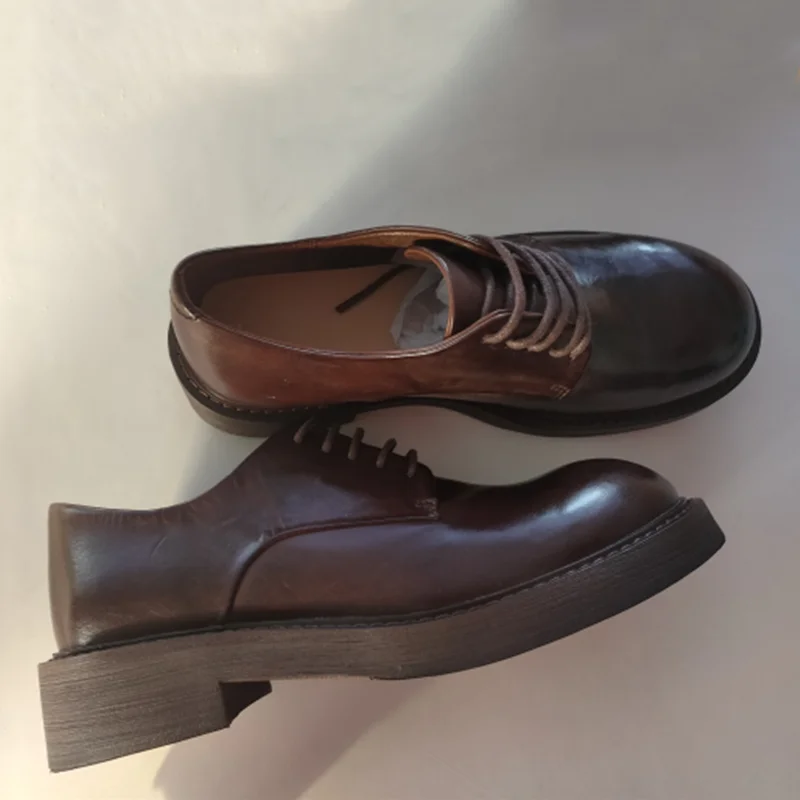 Washed Horse Hide Derby Shoes Women Retro Flat Bottom Genuine Leather Lace Up Single Boots Outdoor Walking Autumn Winter New
