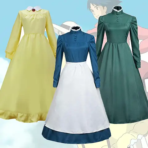 Howl Moving Castle Sophie Cosplay Costume Blue Yellow Green Long Dress Maid Women Halloween Carnival Anime Roleplay